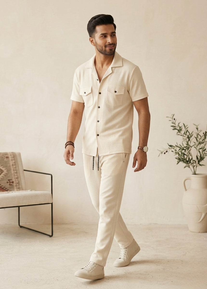 Cream pants with elastic waist and drawstring relaxed fit comfortable design