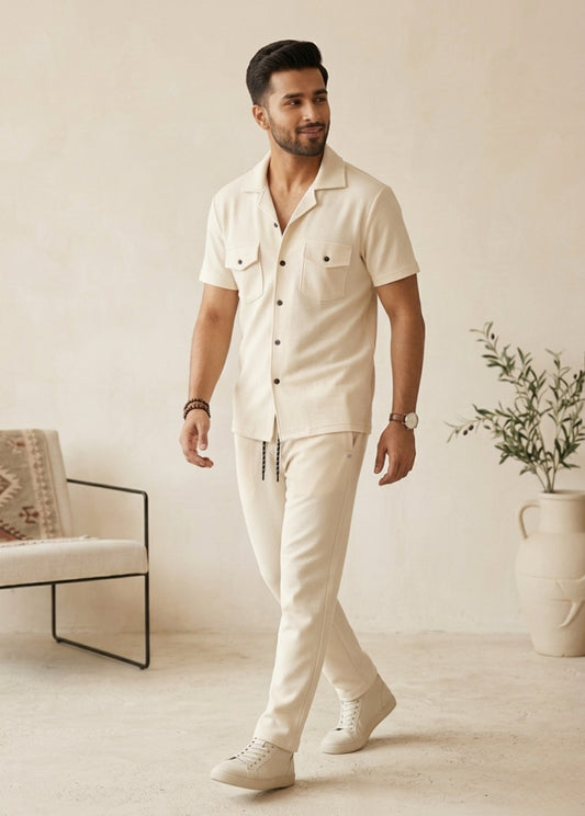 Cream pants with elastic waist and drawstring relaxed fit comfortable design