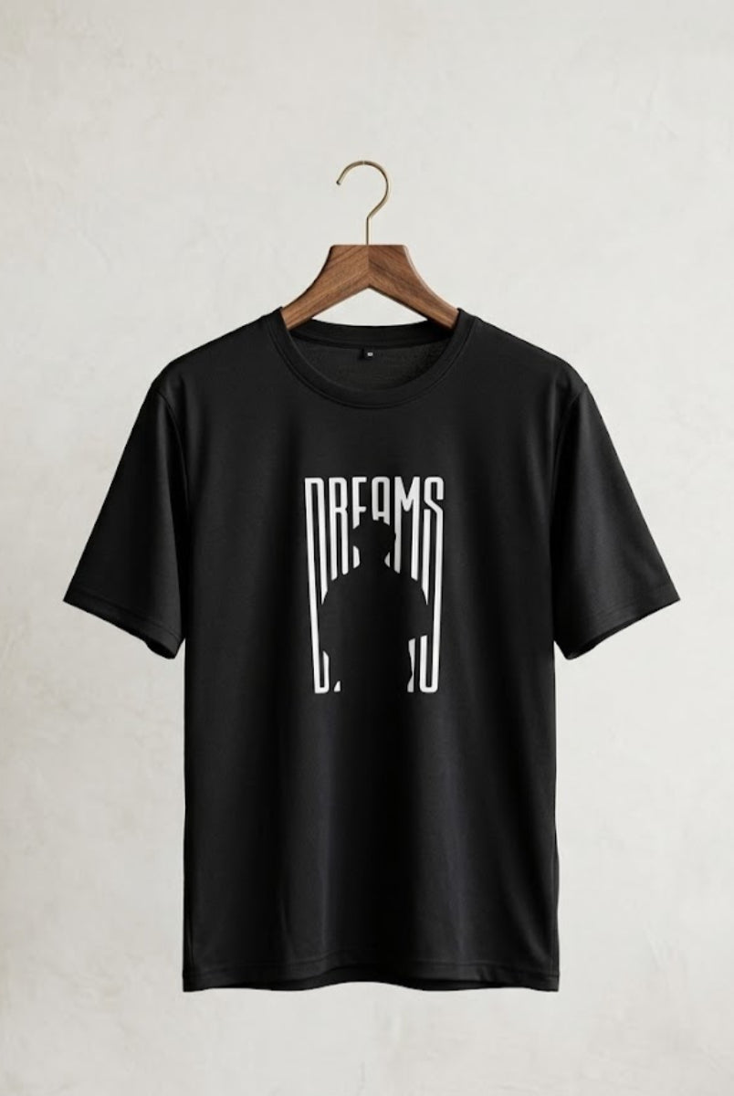 Black Dreams graphic T-shirt front view on hanger with minimalist print