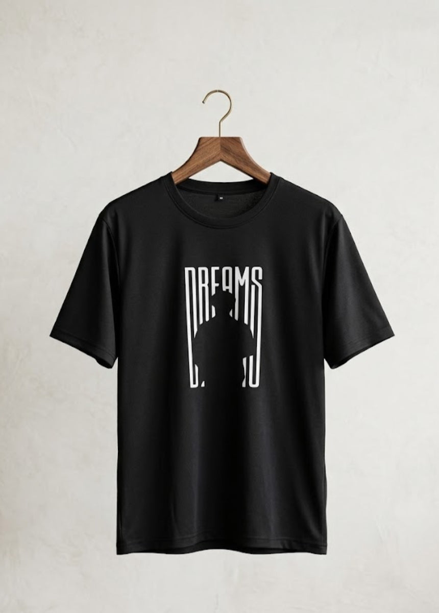 Black Dreams graphic T-shirt front view on hanger with minimalist print