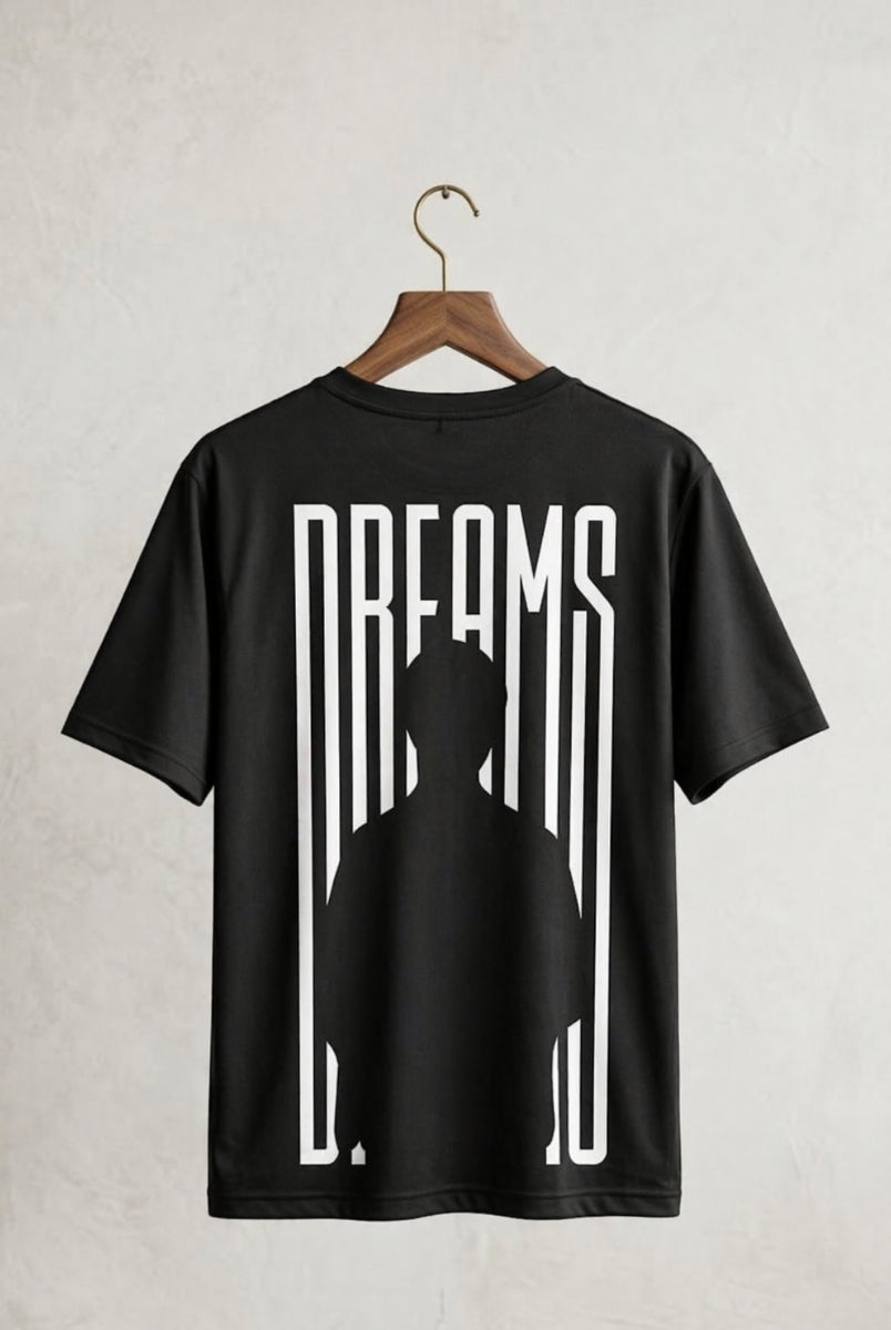 Black Dreams graphic T-shirt front view on hanger with minimalist print