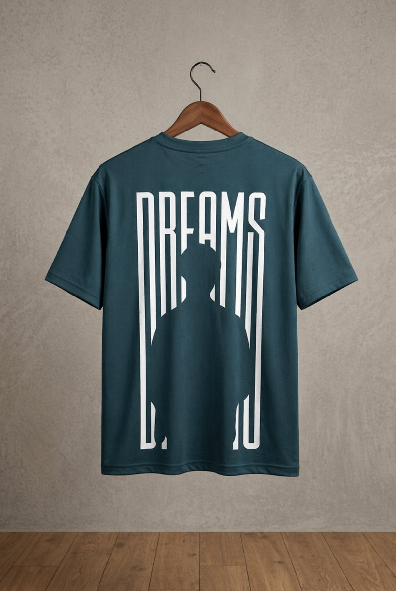 Blue Dreams graphic T-shirt front view hanging on wooden hanger