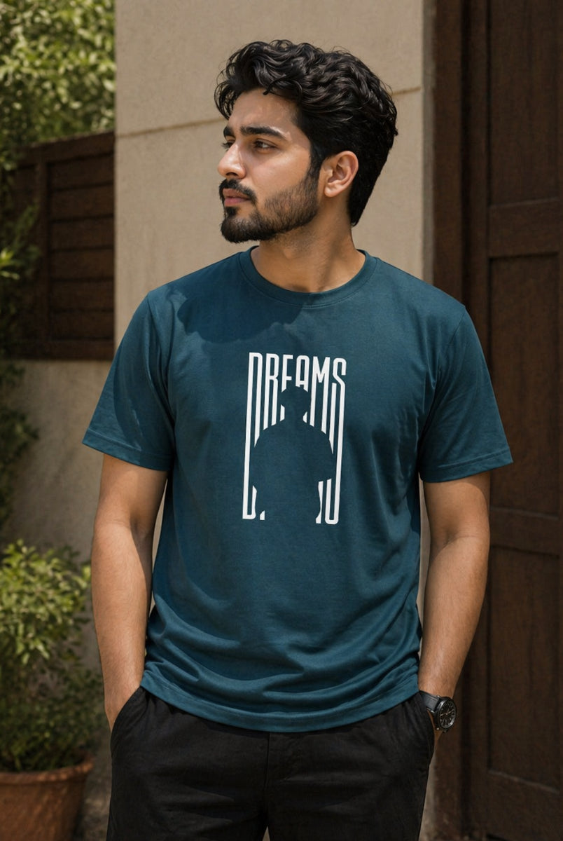 Blue Dreams graphic T-shirt front view hanging on wooden hanger