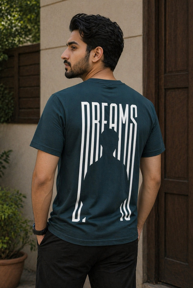Blue Dreams graphic T-shirt front view hanging on wooden hanger