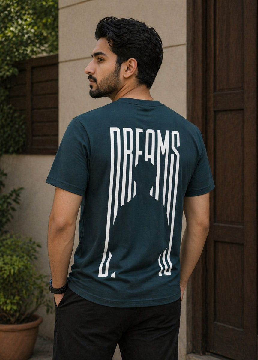Blue Dreams graphic T-shirt front view hanging on wooden hanger