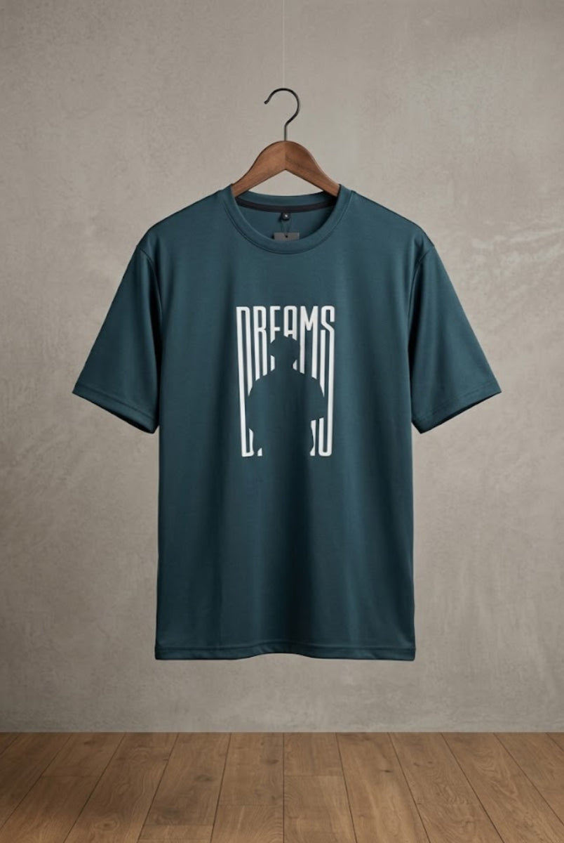 Blue Dreams graphic T-shirt front view hanging on wooden hanger