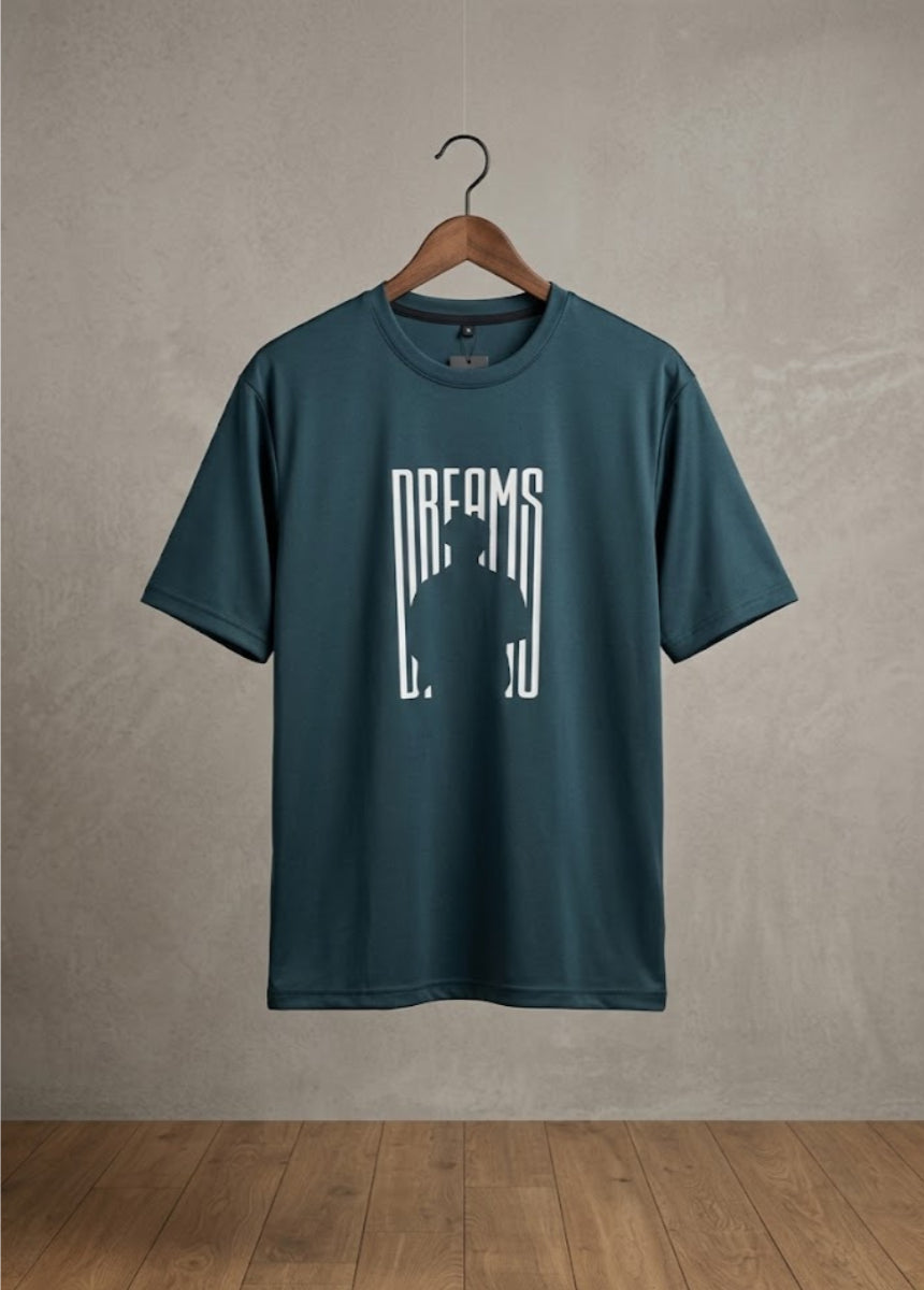 Blue Dreams graphic T-shirt front view hanging on wooden hanger
