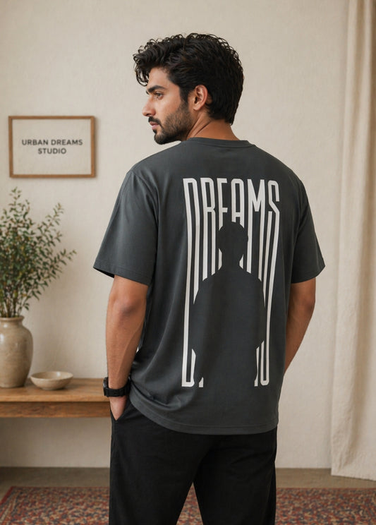 Men’s charcoal grey graphic tee with white Dreams front print