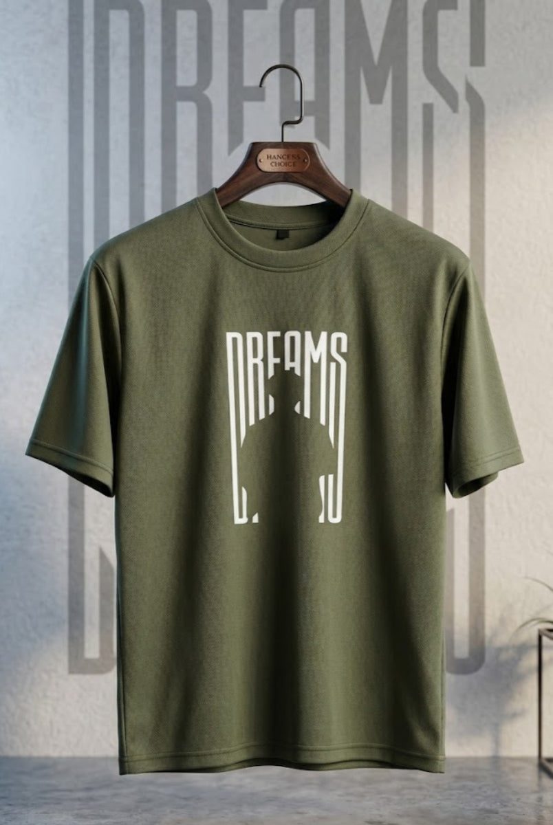 Olive green Dreams graphic T-shirt front view hanging on wooden hanger