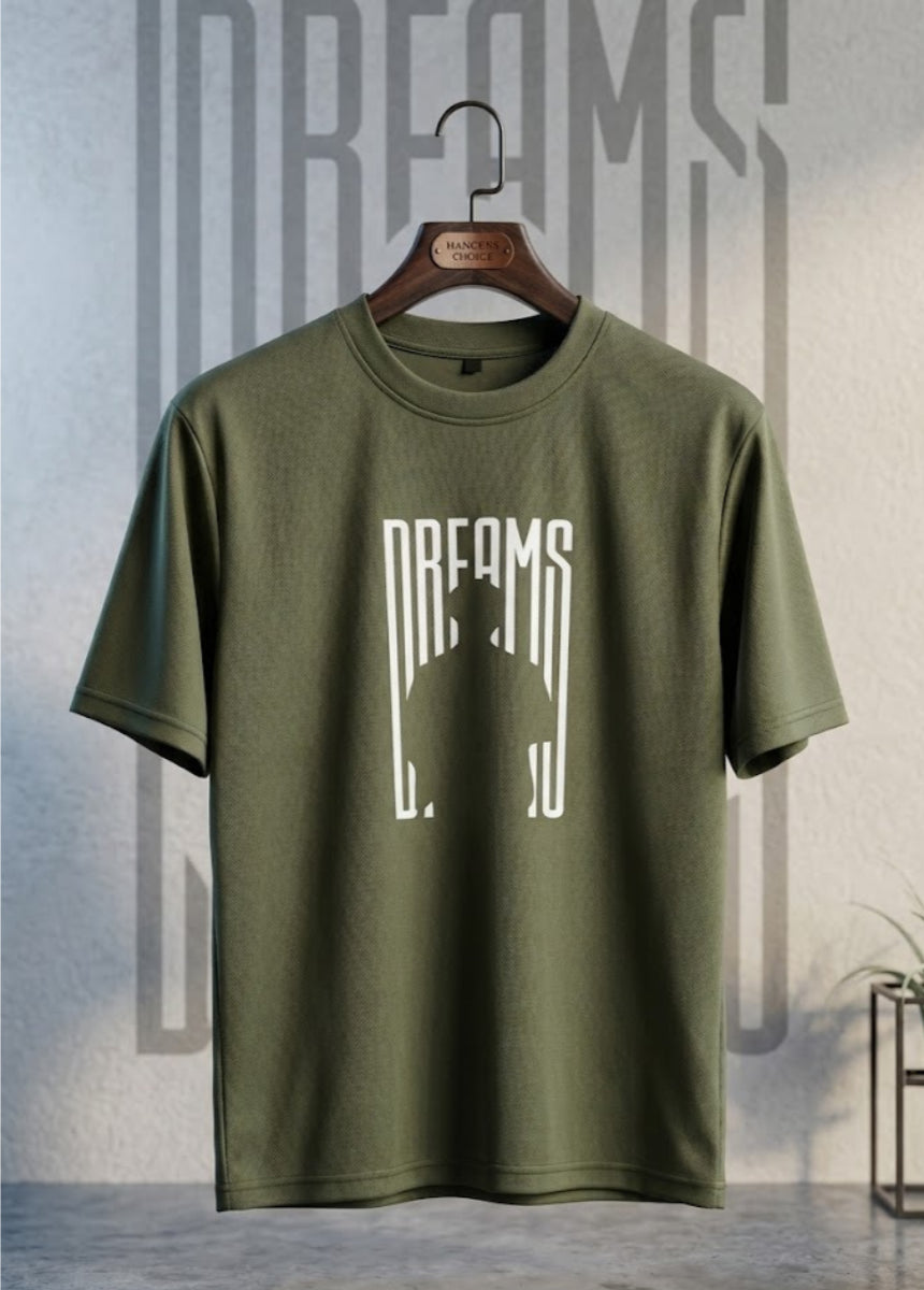 Olive green Dreams graphic T-shirt front view hanging on wooden hanger