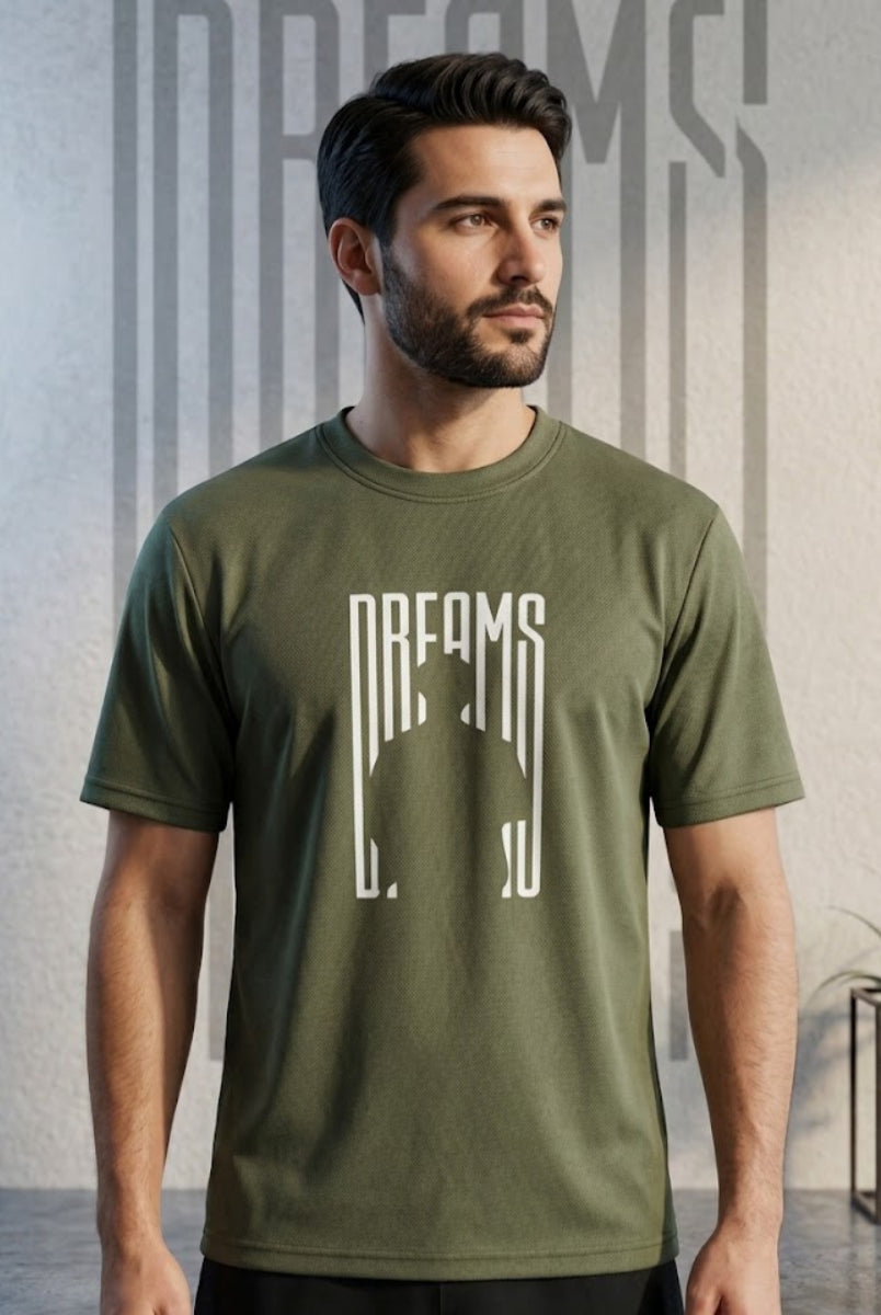 Olive green Dreams graphic T-shirt front view hanging on wooden hanger
