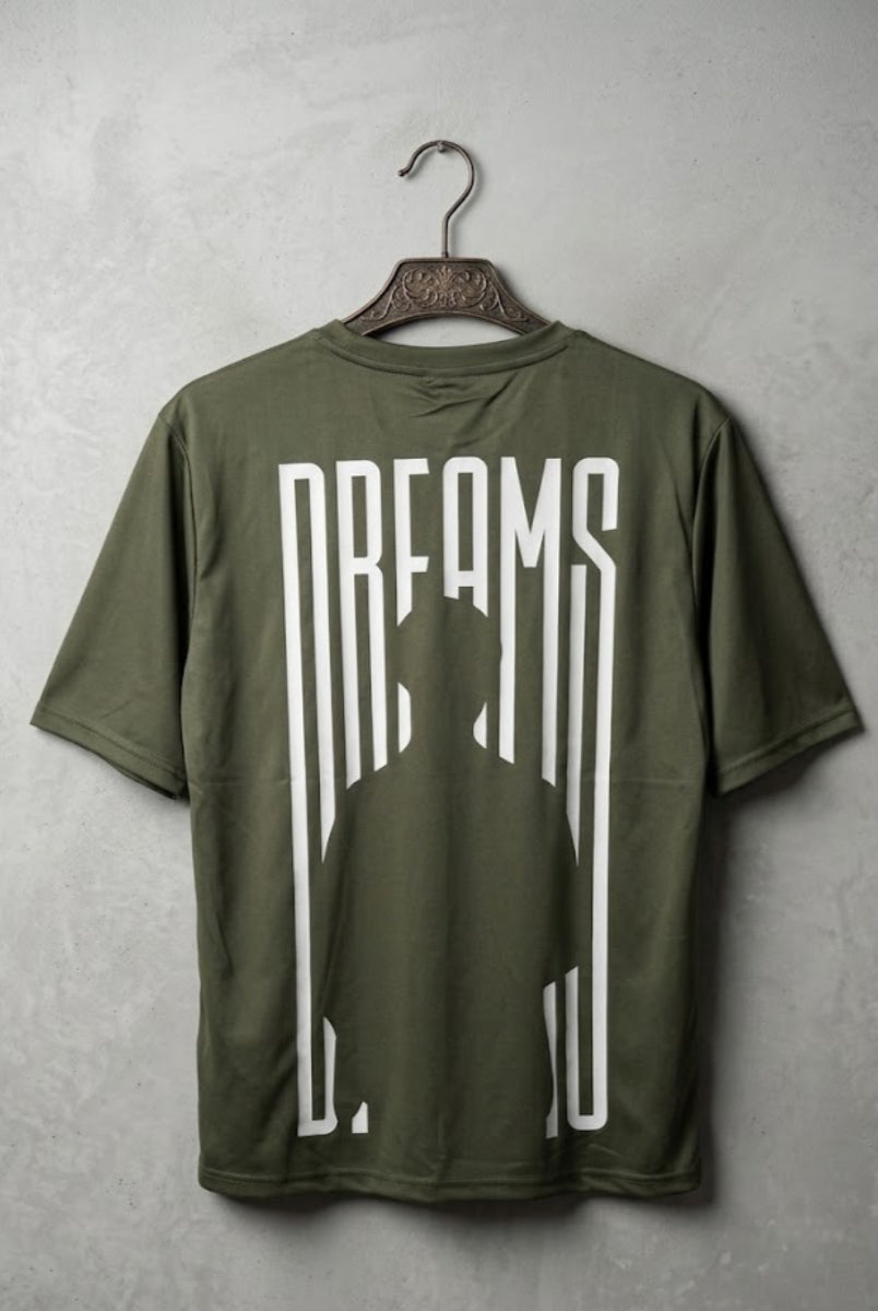 Olive green Dreams graphic T-shirt front view hanging on wooden hanger