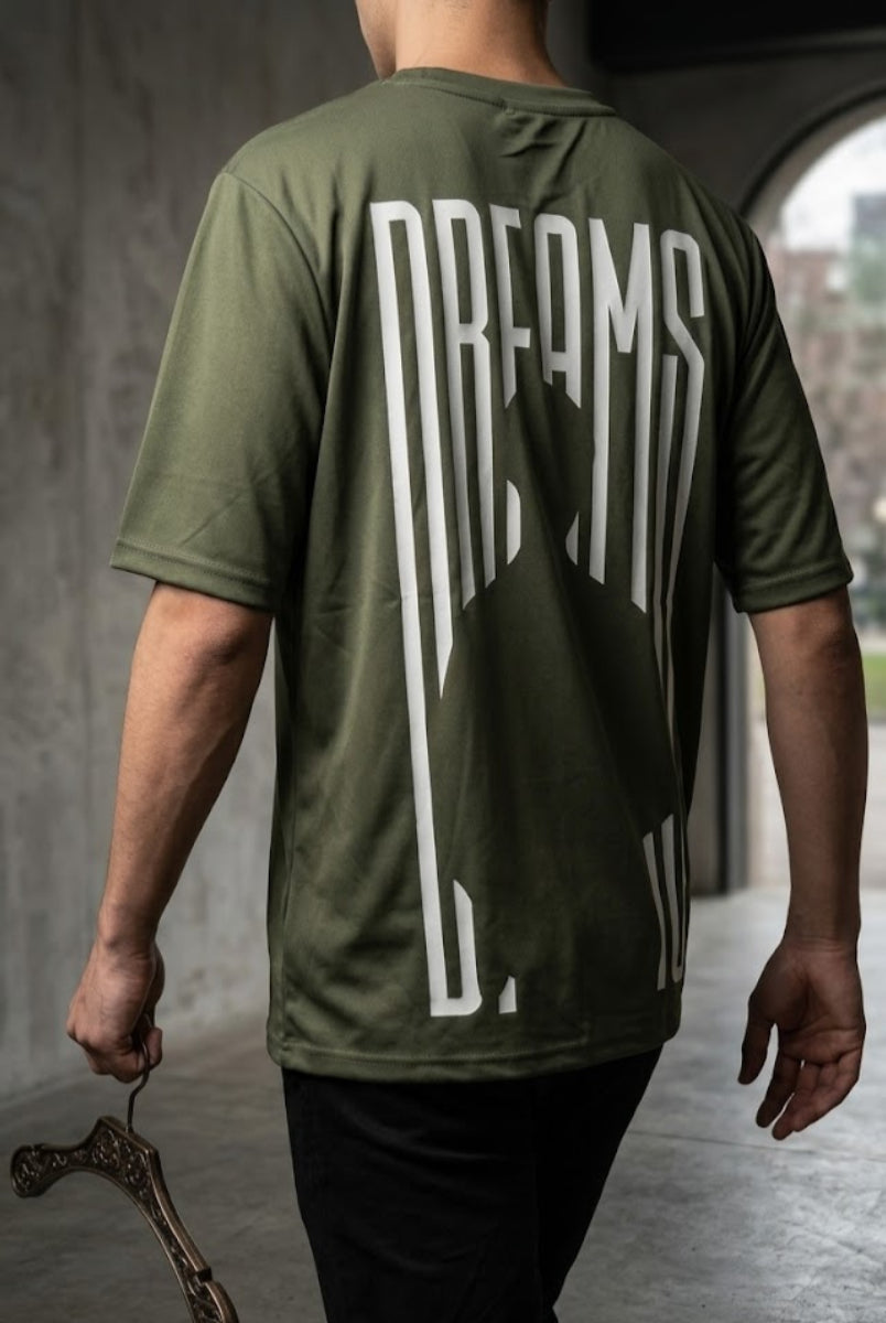 Olive green Dreams graphic T-shirt front view hanging on wooden hanger