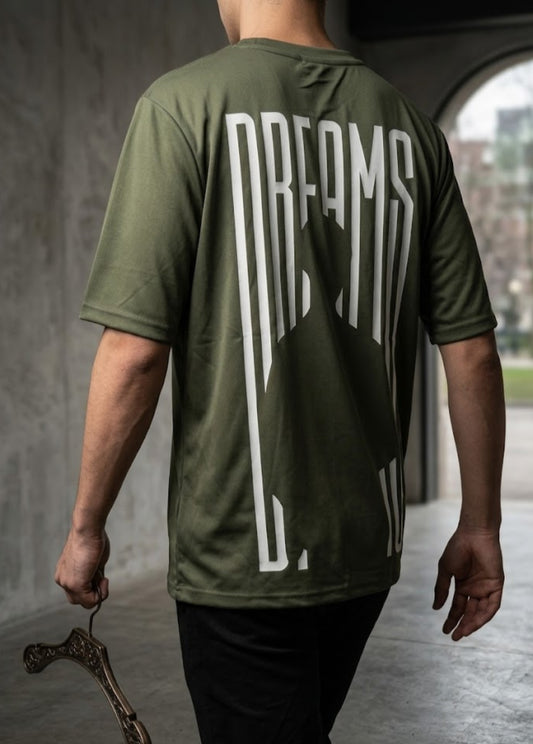 Olive green Dreams graphic T-shirt front view hanging on wooden hanger