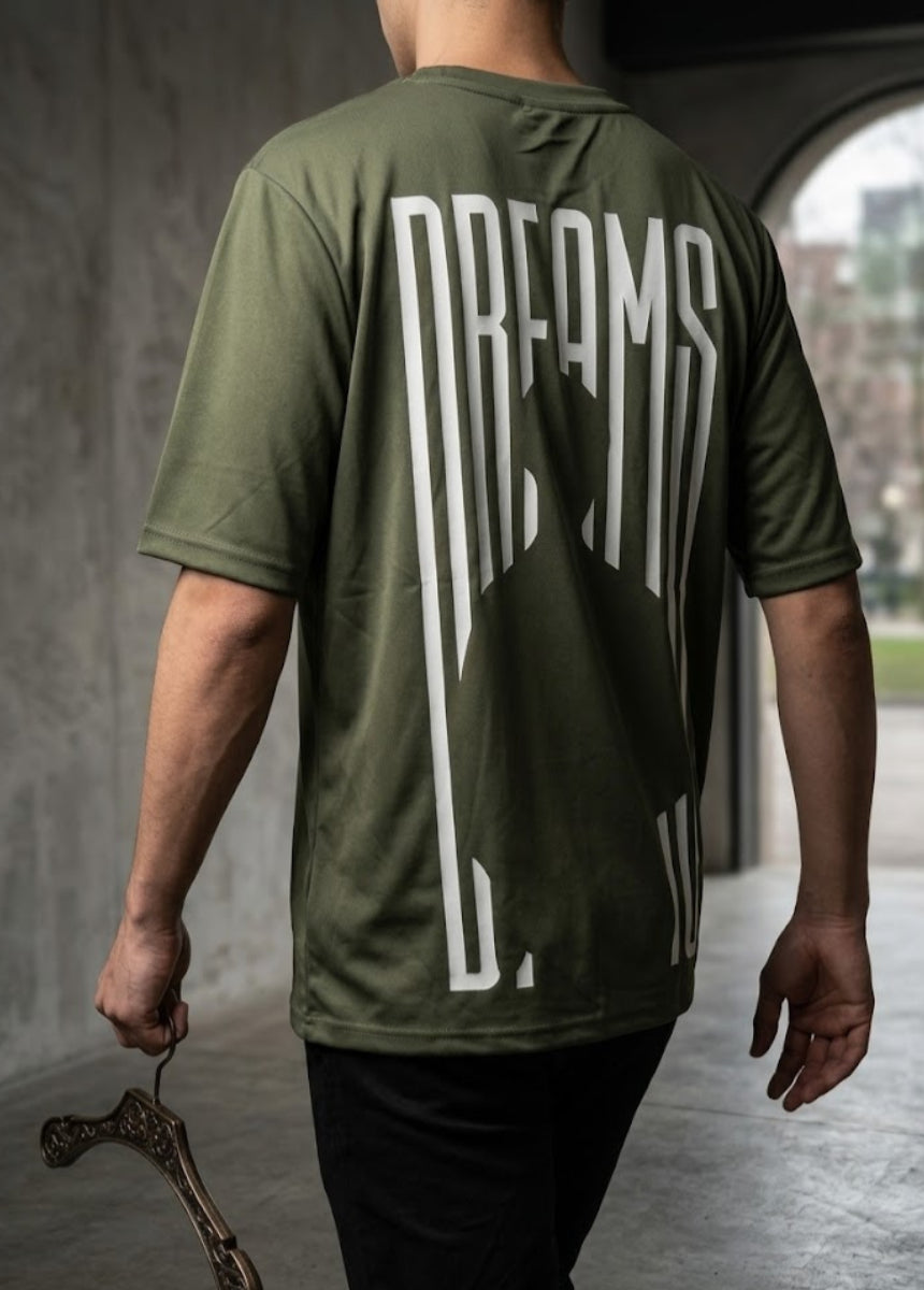Olive green Dreams graphic T-shirt front view hanging on wooden hanger