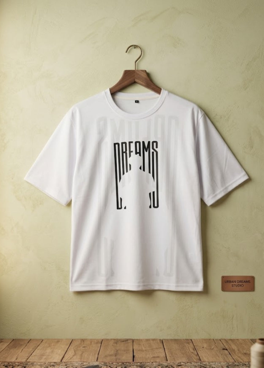 White Dreams graphic T-shirt front view hanging on wooden hanger