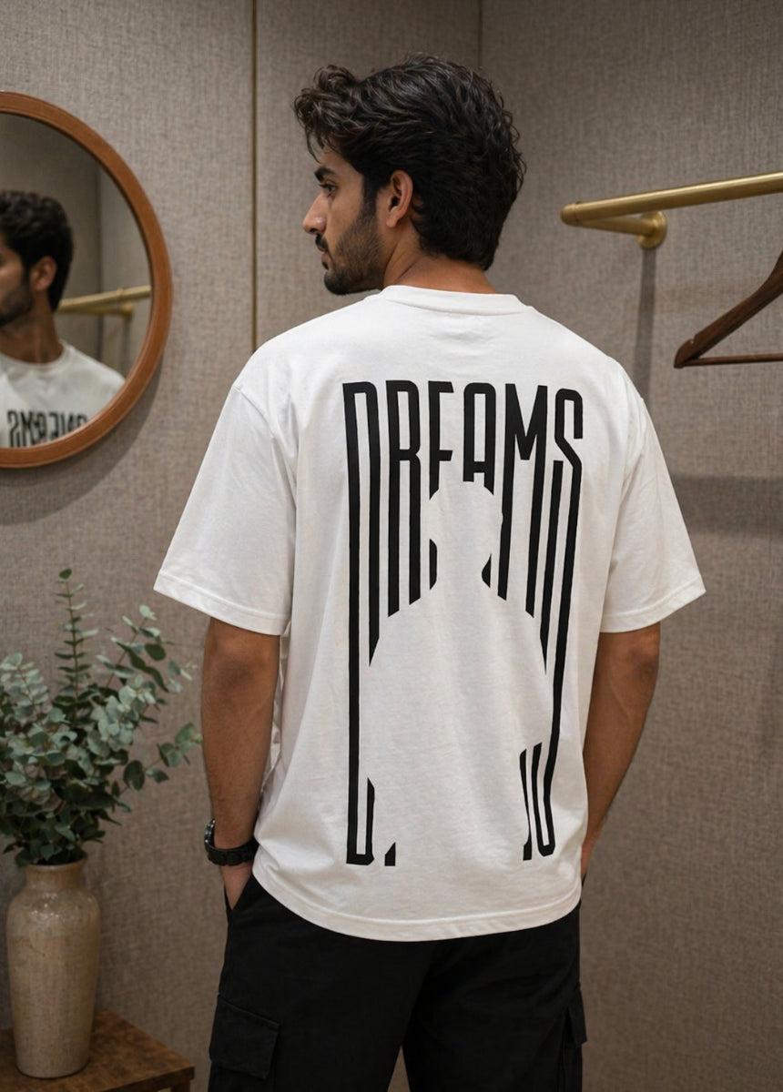 White Dreams graphic T-shirt front view hanging on wooden hanger