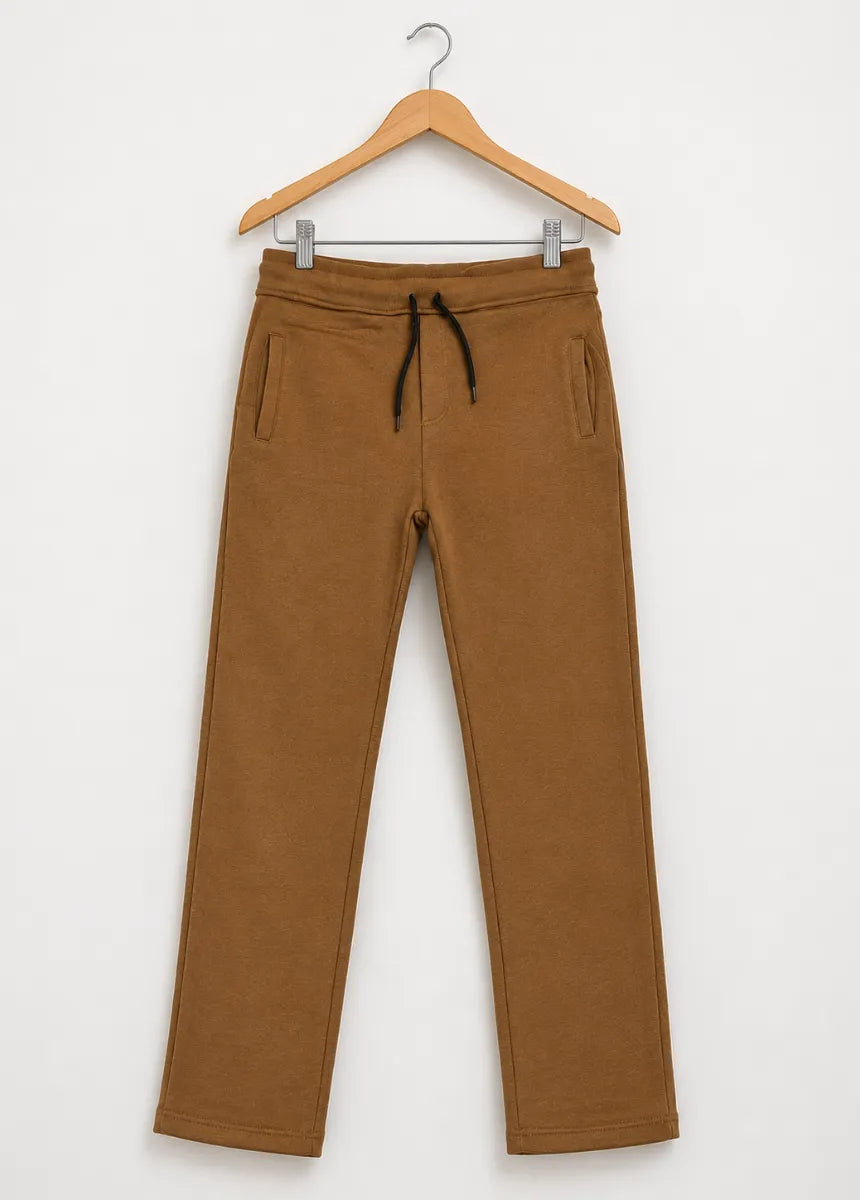 Men's camel fleece jogger pants front view with adjustable drawstring waistband and side pockets.