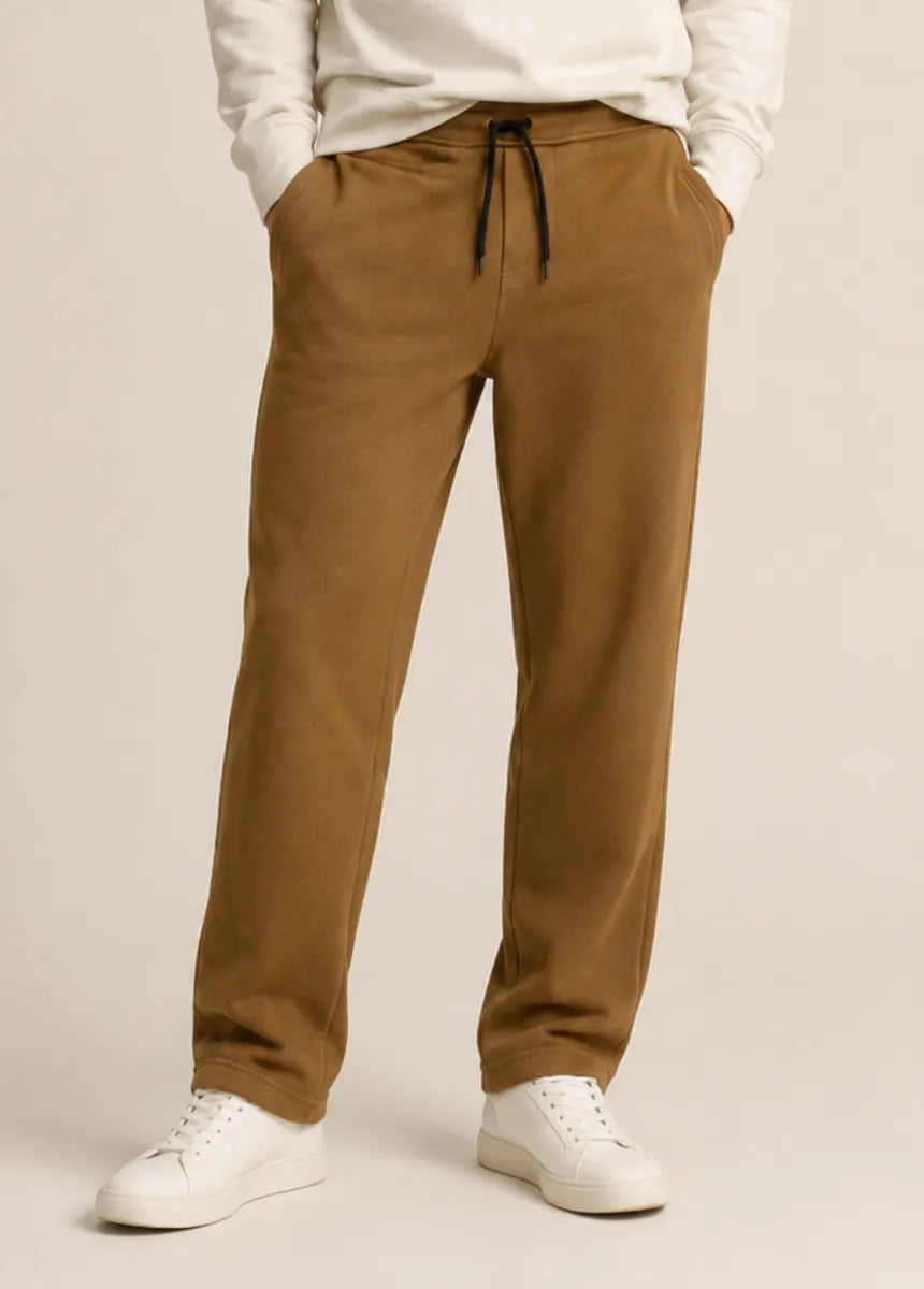 Men's camel fleece jogger pants front view with adjustable drawstring waistband and side pockets.