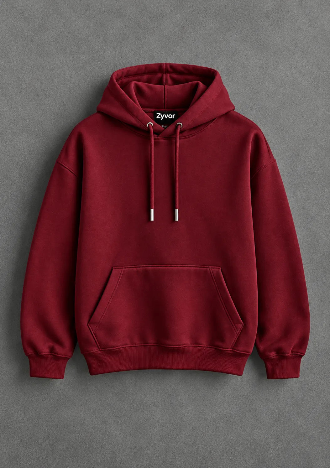 Zyvor red hoodie featuring a bold white gothic graphic with crescent moons and stars on the back.