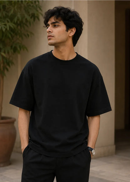 Men's Premium Drop Down Black Cotton T-Shirt | All-Day Comfort