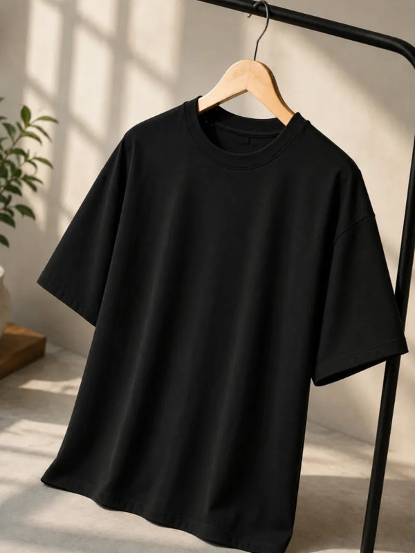 Men's Premium Drop Shoulder Black Cotton Unisex T-Shirt | All-Day Comfort