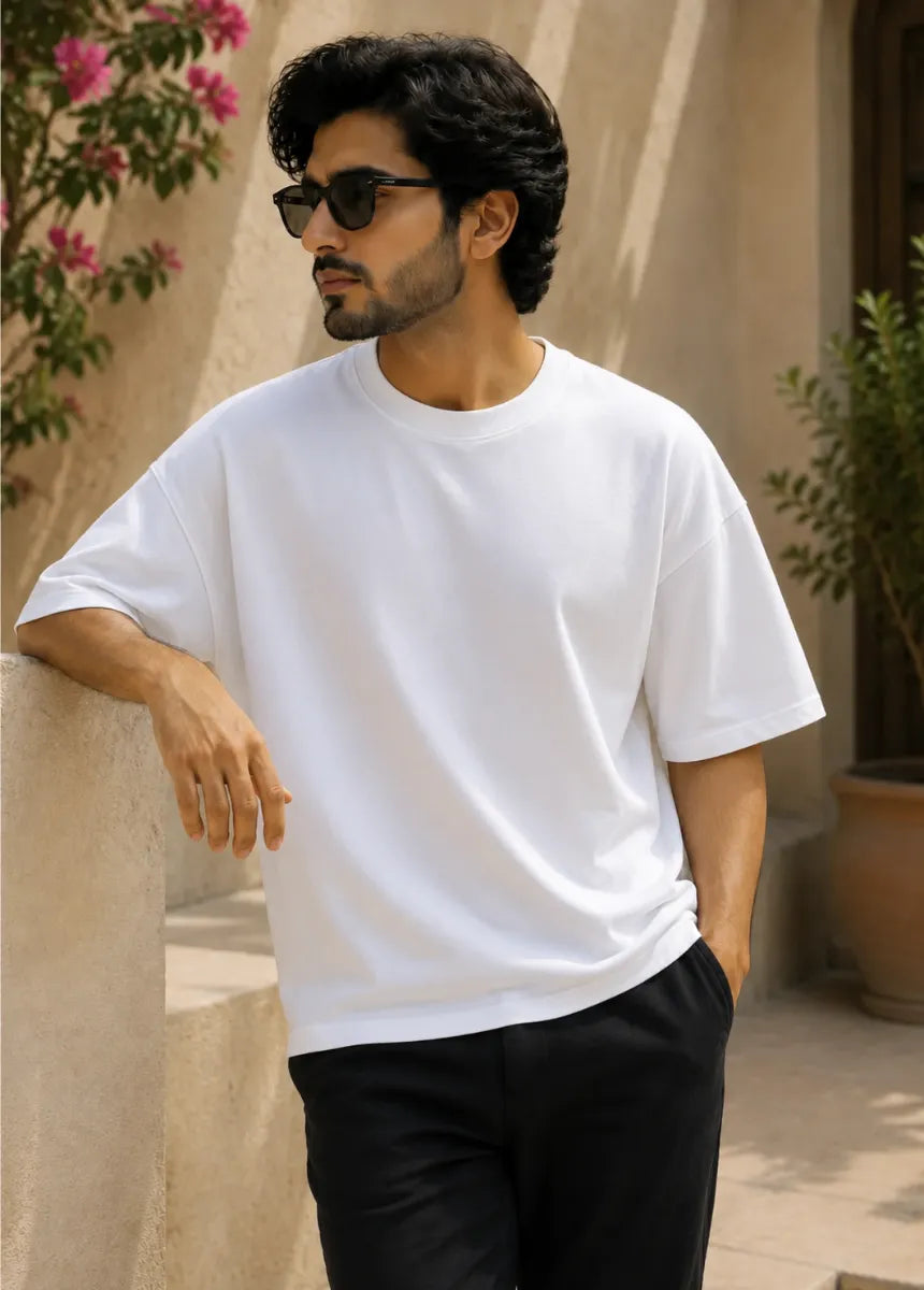 Men's Premium Drop Down White Cotton T-Shirt | All-Day Comfort