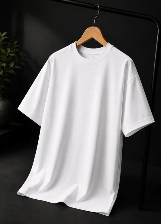 Men's Premium Drop Shoulder White Cotton Unisex T-Shirt | All-Day Comfort