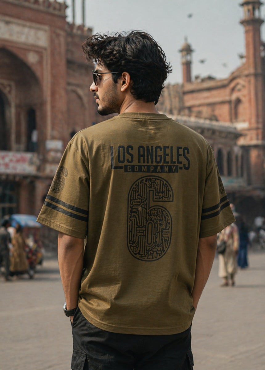Men’s beige graphic t-shirt front view Los Angeles print