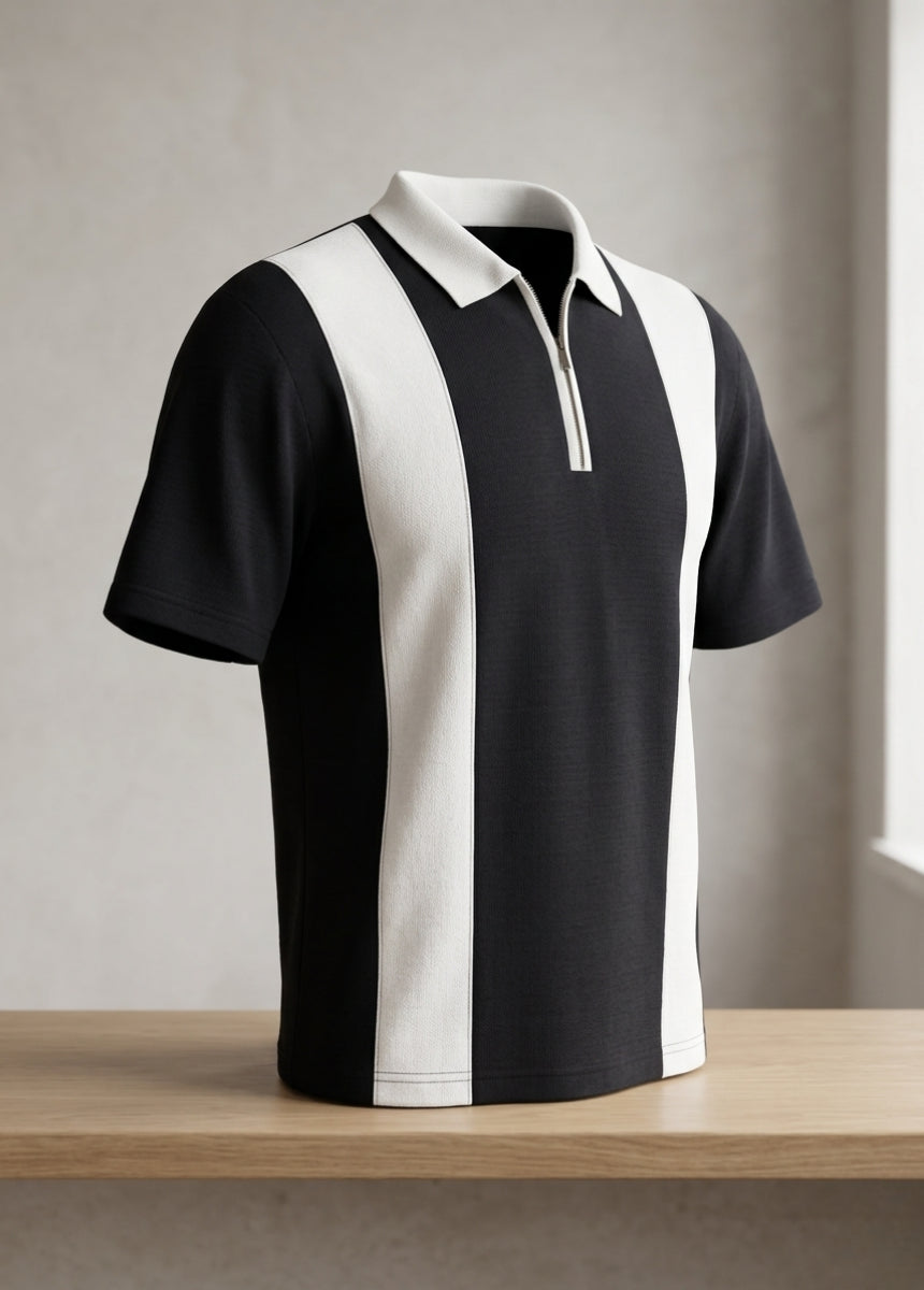 Men’s black striped polo shirt front view zip collar