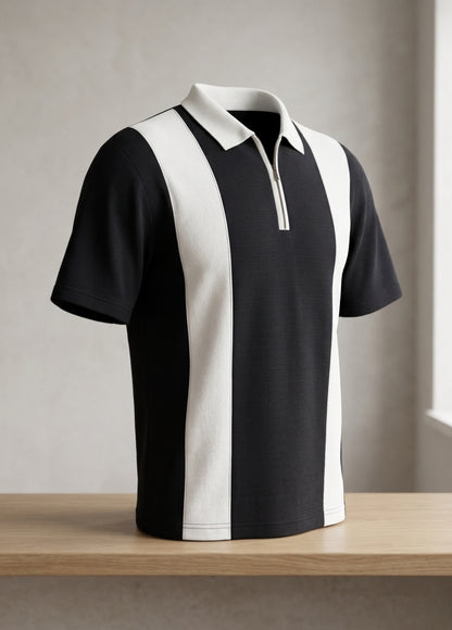 Men’s black striped polo shirt front view zip collar