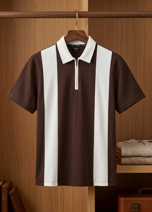 Men’s brown striped polo shirt front view zip collar