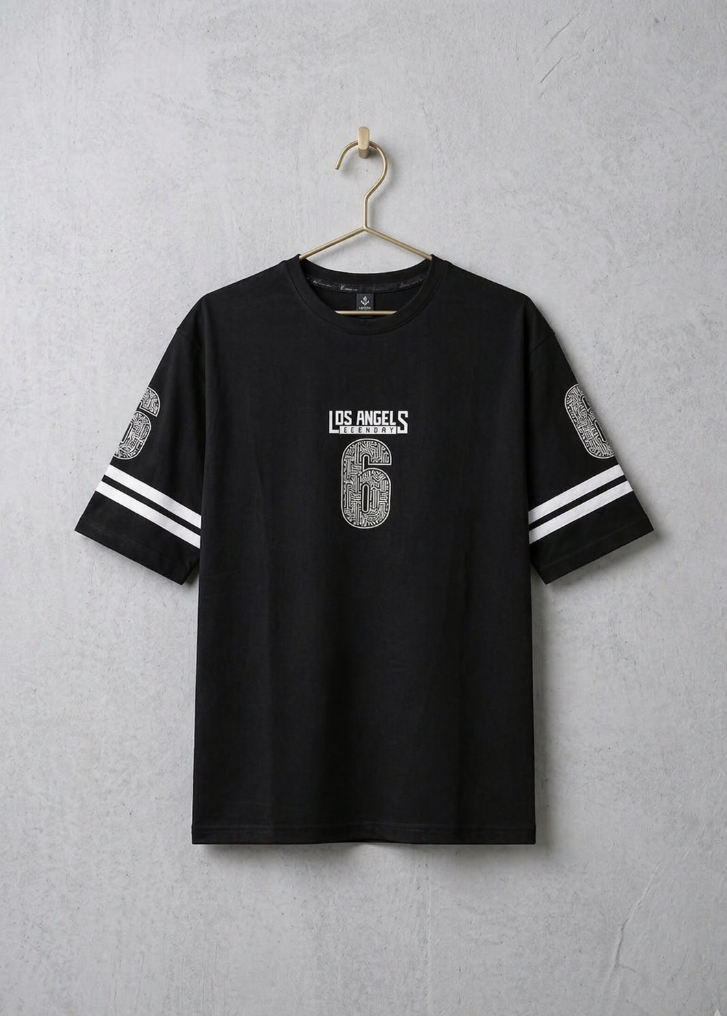 Black Los Angeles 6 graphic t-shirt front view hanging