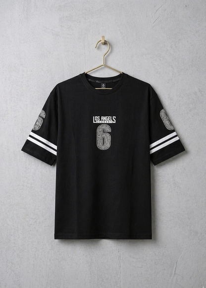 Black Los Angeles 6 graphic t-shirt front view hanging