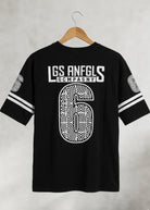 Black Los Angeles 6 graphic t-shirt front view hanging