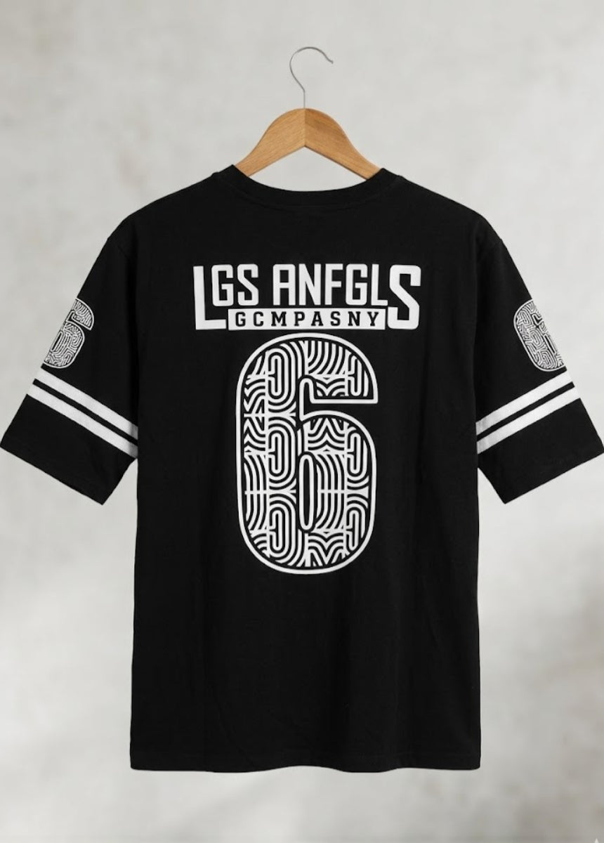 Black Los Angeles 6 graphic t-shirt front view hanging