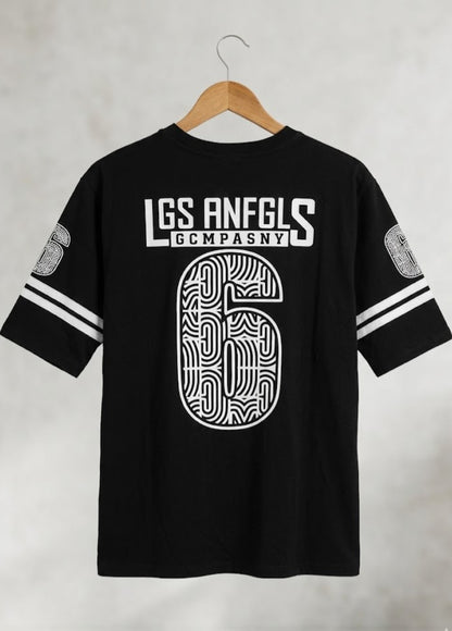 Black Los Angeles 6 graphic t-shirt front view hanging