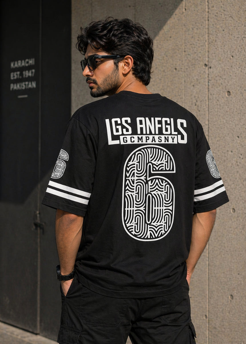 Black Los Angeles 6 graphic t-shirt front view hanging