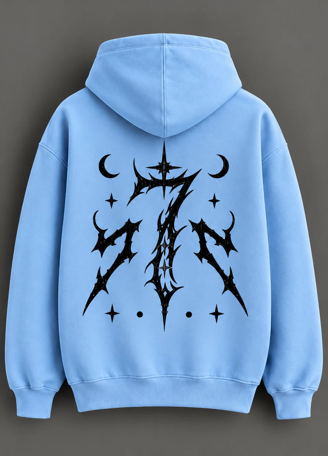 Premium sky blue graphic sweatshirt with hood, ribbed cuffs, and bold black streetwear artwork.
