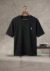 Black ribbed men’s t-shirt front view minimal logo