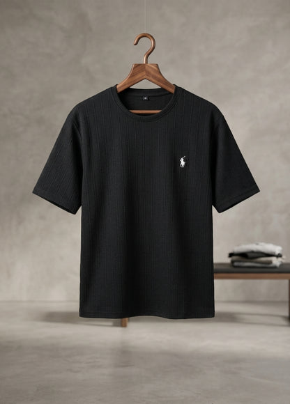 Black ribbed men’s t-shirt front view minimal logo