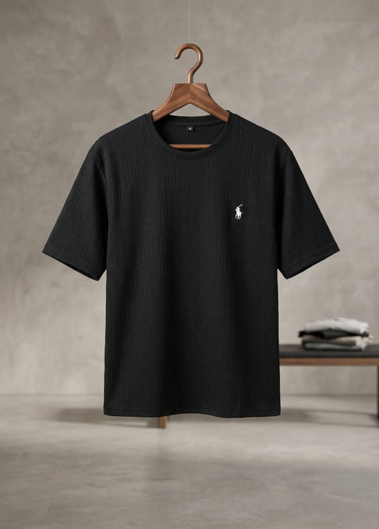 Black ribbed men’s t-shirt front view minimal logo