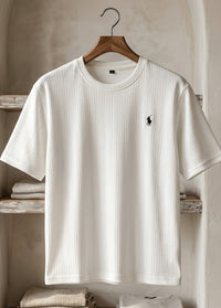 Premium ribbed white men’s t-shirt front view minimal logo