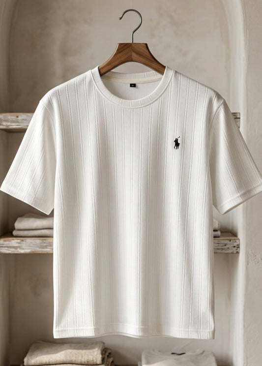Premium ribbed white men’s t-shirt front view minimal logo