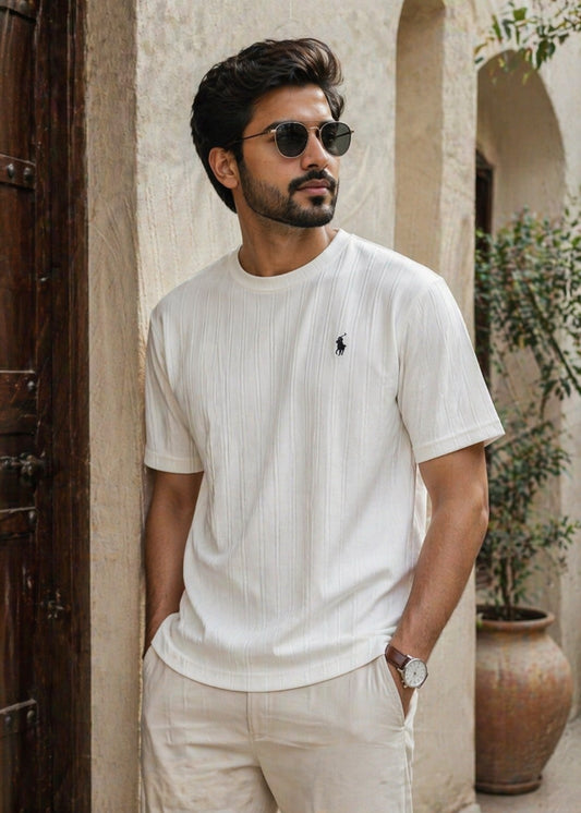 Premium ribbed white men’s t-shirt front view minimal logo