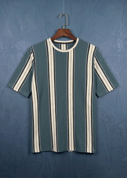 Men striped knit t-shirt front view teal white breathable summer wear