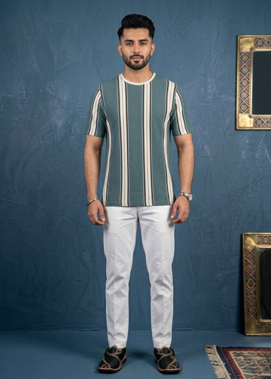 Men striped knit t-shirt front view teal white breathable summer wear