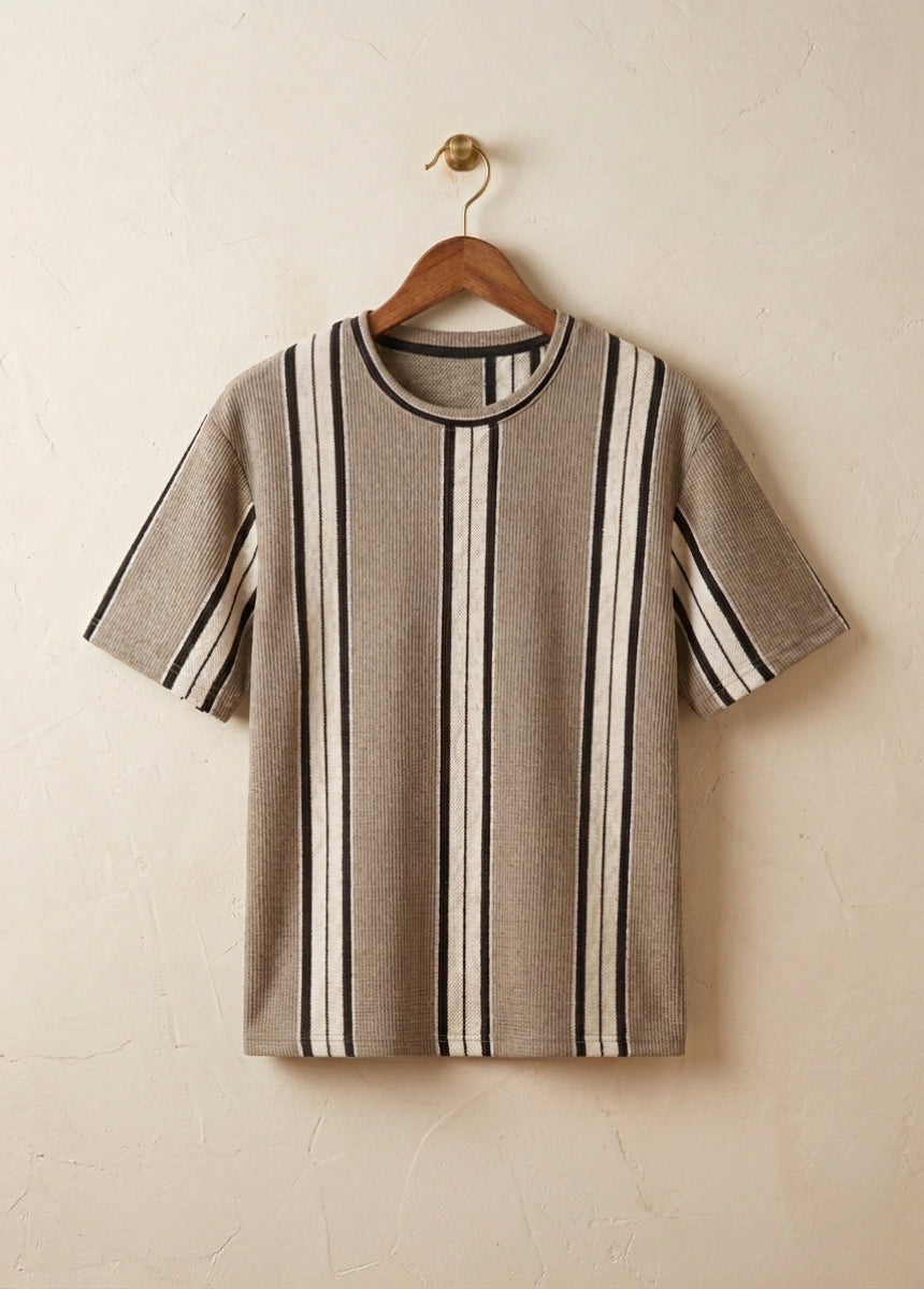 Men beige striped t-shirt front view breathable soft summer wear
