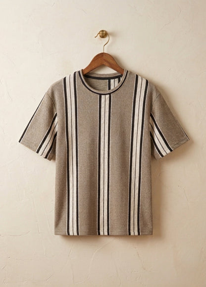 Men beige striped t-shirt front view breathable soft summer wear