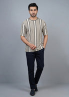 Men beige striped t-shirt front view breathable soft summer wear